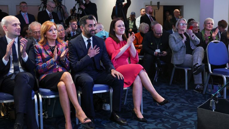 Humza Yousaf reacts as he is announced as the new Scottish National Party leader in Edinburgh, Britain March 27, 2023. REUTERS/Russell Cheyne