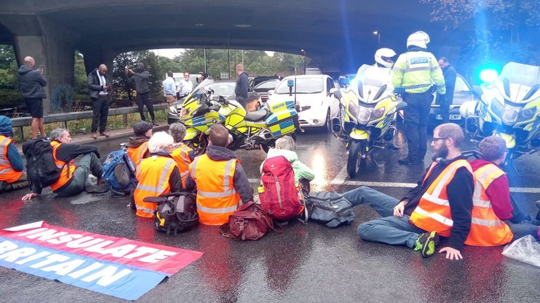 Handout photo issued by Insulate Britain of protesters from Insulate Britain blocking blocking a roundabout at Junction 3 of the M4 near Heathrow Airport, west London as they stage their 10th day of protests in the past three weeks. Picture date: Friday October 1, 2021.