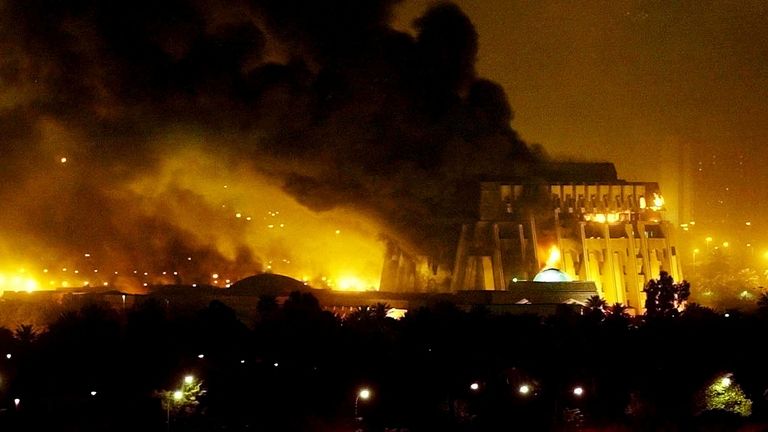 FILE PHOTO: Explosions occur in Baghdad during an Iraqi airstrike March 21, 2003.REUTERS/Goran Tomasevic/File Photo Search "20th Anniversary of the US Invasion of Iraq" for photos