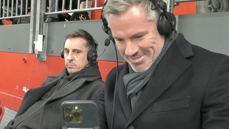 Jamie Carragher takes a selfie of his and Gary Neville&#39;s reaction to goals sailing past Manchester United 