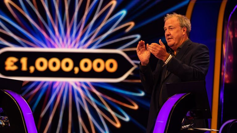 Undated handout photo issued by Stellify Media of ITV&#39;s Who Wants To Be A Millionaire? host Jeremy Clarkson applauding million pound winner Donald Fear. Donald from Telford, Shropshire, a History and Politics teacher at Haberdasher Adams Grammar school, is the first contestant in 14 years to win the £1 million top prize, becoming the sixth champion in the show&#39;s 22-year history.