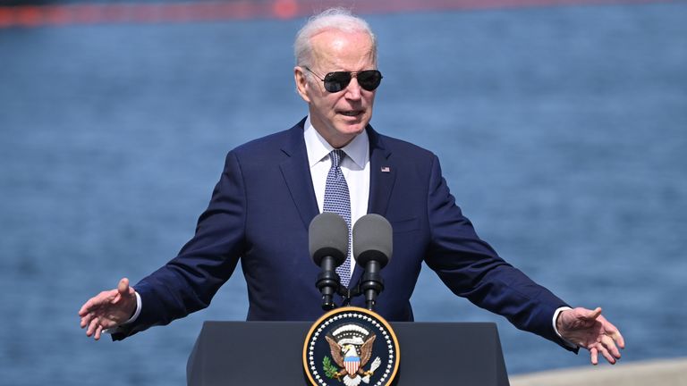 US President Joe Biden during a press conference with Prime Minister Rishi Sunak and the Prime Minister of Australia Anthony Albanese at Point Loma naval base in San Diego