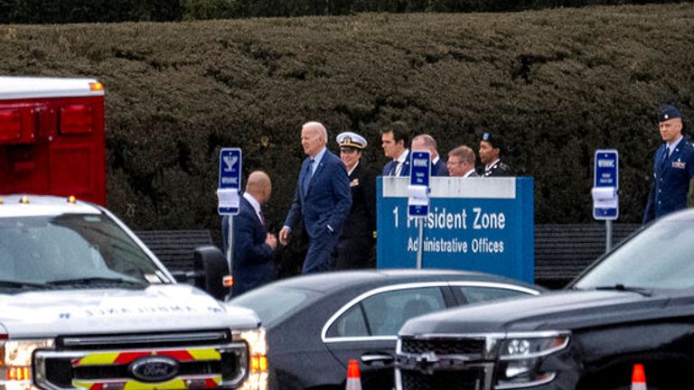 President Biden seen leaving the Walter Reed National Military Medical Center in Bethesda, Maryland, on 16 February Pic: AP 