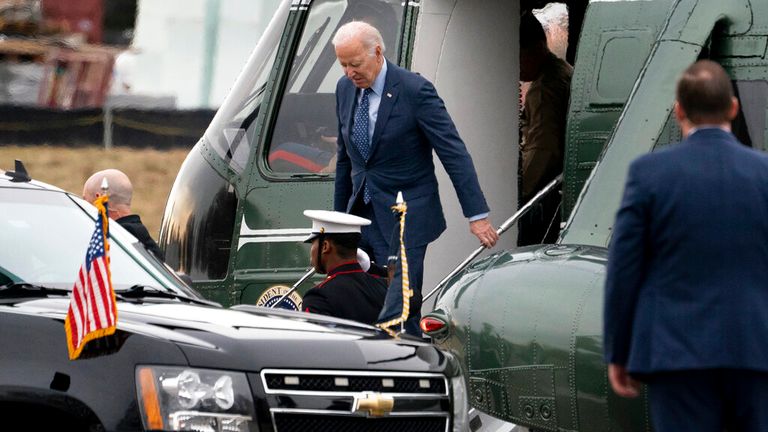 Mr Biden seen arriving at the Walter Reed National Military Medical Center in Bethesda, Maryland, on 16 February Pic: AP 