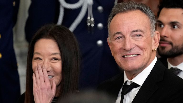 Vera Wang reacts as President Joe Biden talks about her before presents the 2021 National Medal of Arts. Pic: AP