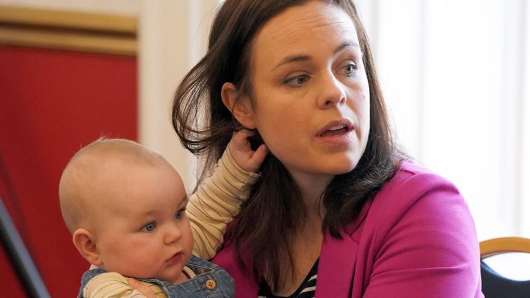 SNP leadership candidate Kate Forbes and her daughter Naomi during a visit to the Association of Ukrainians in Britain (AUGB) in Glasgow, where they are campaigning for the post of Prime Minister and leader of the SNP following the resignation of Prime Minister Nicola Sturgeon.  Photo date: Thursday March 2, 2023