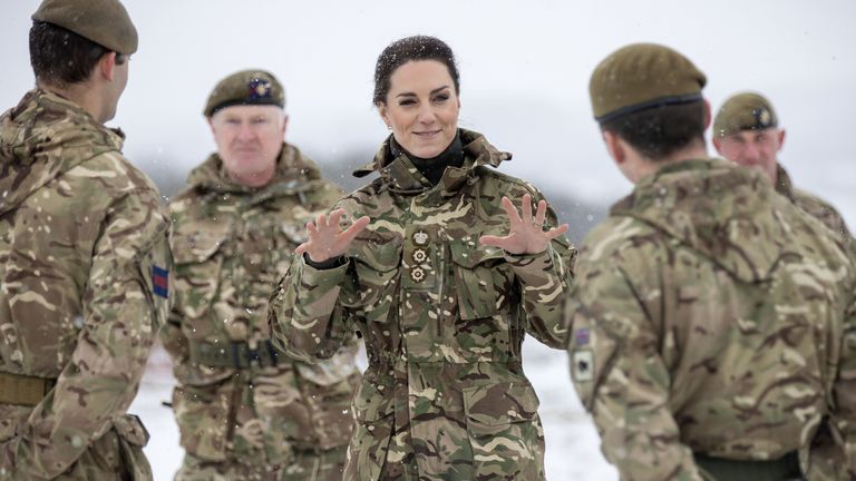 The Princess of Wales, Colonel of the Irish Guards, is shown how to carry out battlefield casualty drills to deliver care to injured soldiers during a casualty simulation exercise, during her first visit to the 1st Battalion Irish Guards since becoming Colonel, at the Salisbury Plain Training Area in Wiltshire. Picture date: Wednesday March 8, 2023.