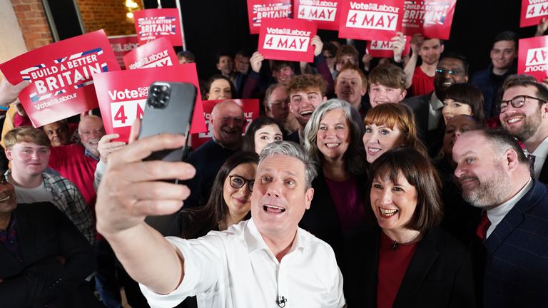 Labour leader Sir Keir Starmer (centre) and Shadow chancellor Rachel Reeves (second right) take a selfie at the launch of the Labour Party&#39;s campaign for the May local elections in Swindon, Wiltshire. A total of 230 local authorities are holding contests on May 4, ranging from small rural councils to some of the largest towns and cities. Picture date: Thursday March 30, 2023.