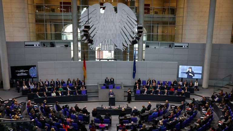 King Charles addresses members of the lower house of parliament, the Bundestag, in Berlin, Germany, March 30, 2023. REUTERS/Christian Mang
