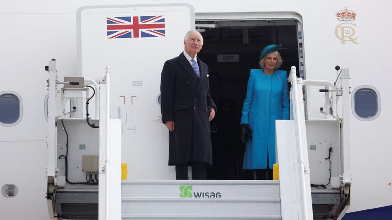 Britain's King Charles and Camilla, the Queen Consort arrive at Berlin Brandenburg Airport 'Willy Brandt' in Berlin, Germany, March 29, 2023. REUTERS/Michele Tantussi
