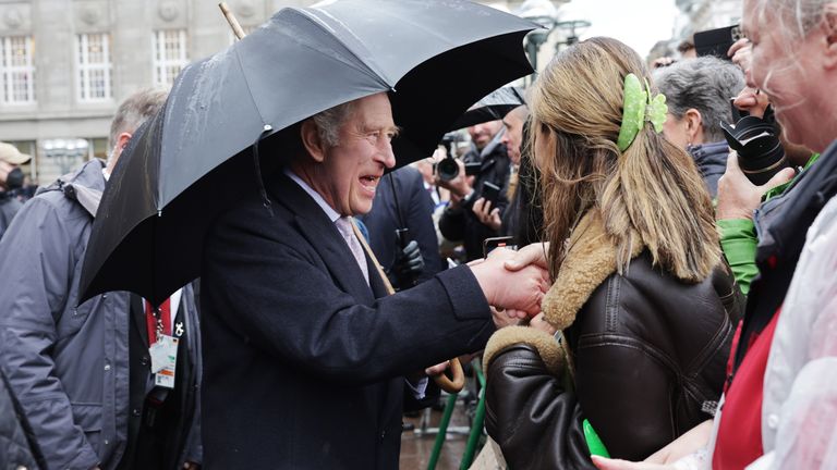 King Charles III greets members of the public during a walkabout outside Hamburg City Hall (Rathaus), the seat of the Hamburg government, on the final day of the King and Queen&#39;s State Visit to Germany. Picture date: Friday March 31, 2023.
