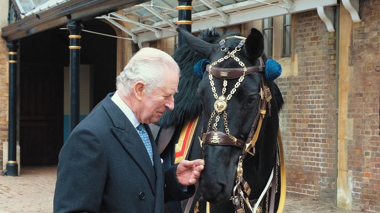 MANDATORY CREDIT: Buckingham Palace. Undated handout photo issued by Buckingham Palace of King Charles III meeting Noble, the horse gifted to him by the Royal Canadian Mounted Police, at The Royal Mews in Windsor. Issue date: Saturday March 11, 2023.