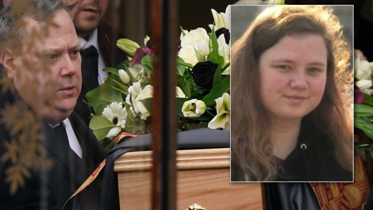 The father of Leah Croucher, John Croucher (far left), as the funeral cortege for murder victim Leah Croucher makes it way to Crownhill Crematorium in Milton Keynes for a private service. The 19-year-old&#39;s body was found in a loft at a house in Milton Keynes last October, three years after she disappeared. Picture date: Friday March 3, 2023.