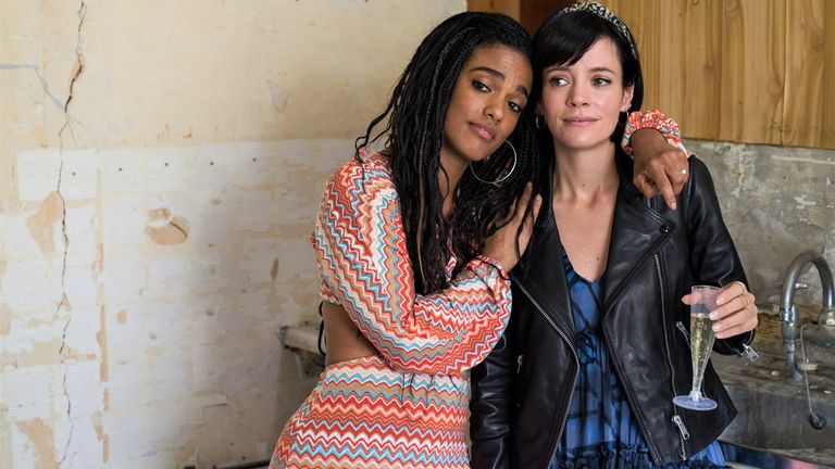 Freema Agyeman as Trish, Lily Allen as Mel in Dreamland. Pic: Natalie Seery/Sky UK