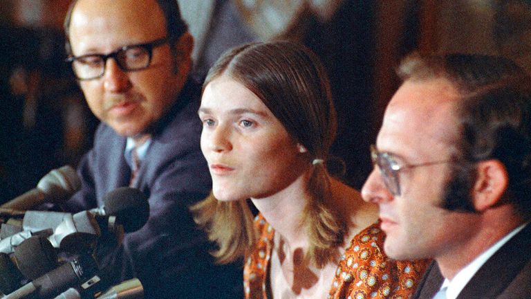 Linda Kasabian speaking at a press conference following the Manson Family murder trials in LA