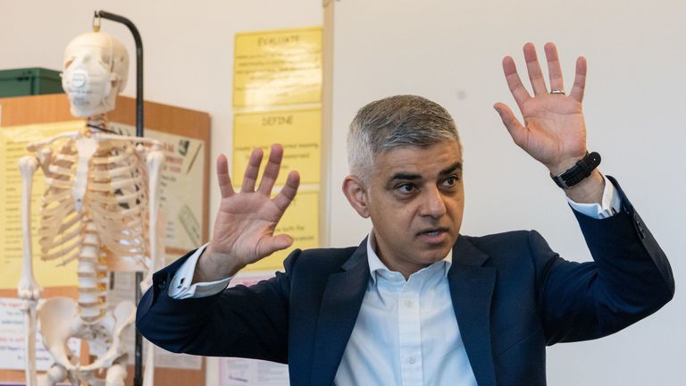 Mayor of London Sadiq Khan talks to pupils at Forest Hill school in south London, as he announced plans to expand the city&#39;s Ultra Low Emission Zone (ULEZ). File photo