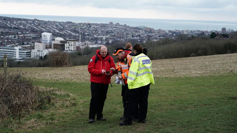 Police officers and officers from London Search and Rescue (LONSAR) at Wild Park Local Nature Reserve, near Moulsecoomb, Brighton, where the urgent search operation continues to find the missing baby of Constance Marten and Mark Gordon. The pair were arrested on suspicion of gross negligence manslaughter on Tuesday after being stopped in Brighton on Monday following several weeks of avoiding the police, but the baby was not with them. Picture date: Wednesday March 1, 2023.
