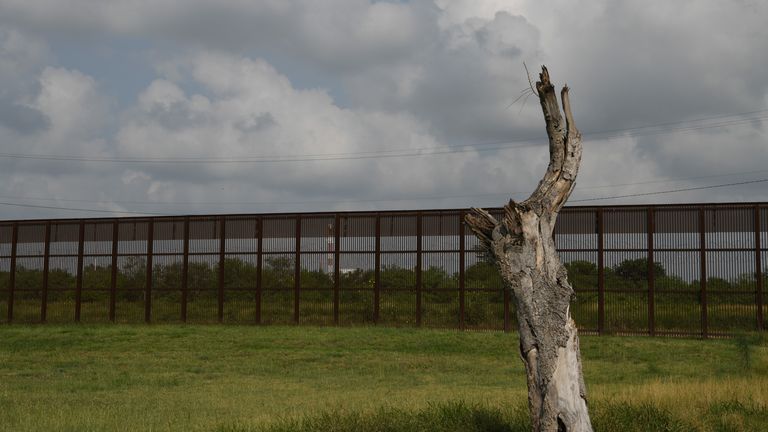 A strip of border fence near the Brownsville-Matamoros International Bridge in Texas