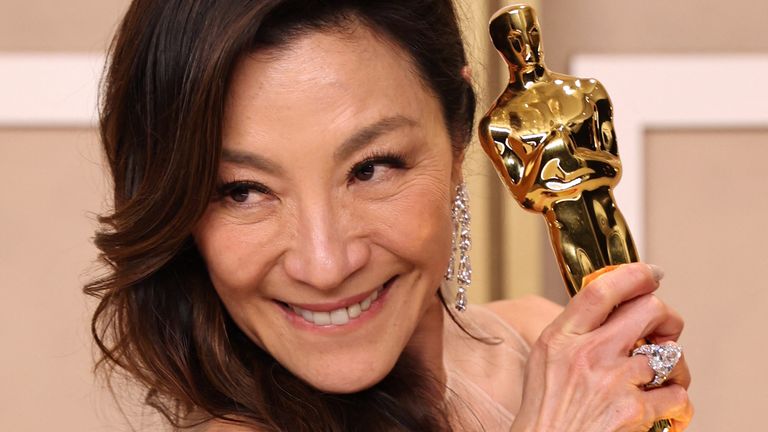Best Actress Michelle Yeoh poses with her Oscar in the photo room at the 95th Academy Awards in Hollywood, Los Angeles, California, U.S., March 12, 2023. REUTERS/Mike Blake