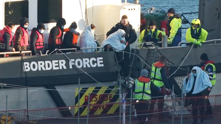 A group of people thought to be migrants are brought in to Dover, Kent, onboard a Border Force vessel, following a small boat incident in the Channel.  Picture date: Tuesday February 7, 2023.