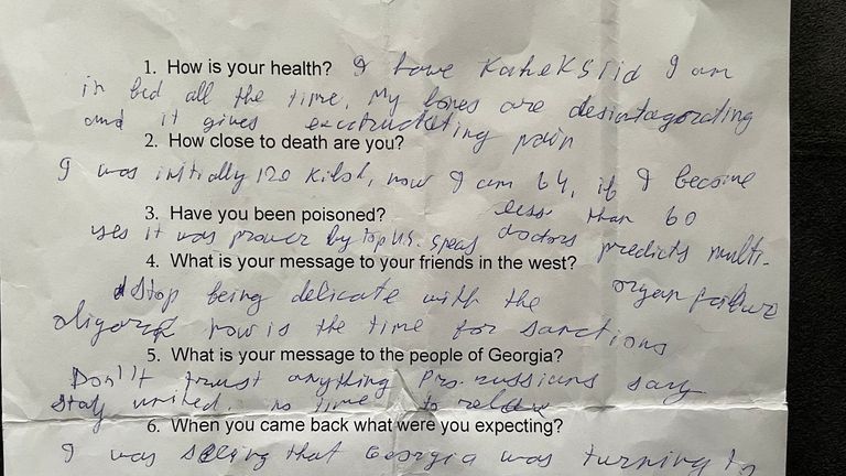 From hospital Mikheil Saakashvili answers questions from Sky News in a letter passed on by his lawyer