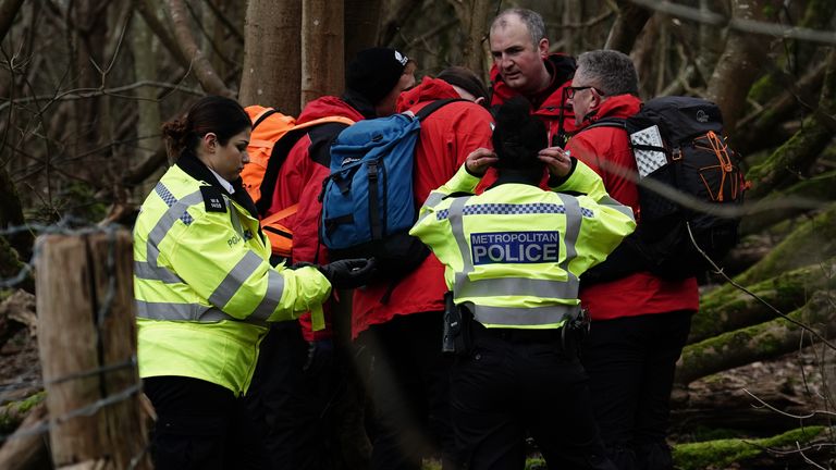 Metropolitan Police officers and London Search and Rescue (LONSAR) officers in the woods at the local Wild Park nature reserve, near Moulsecoomb, Brighton, where an urgent search operation is underway to find Constance Marten and Mark Gordon's missing child.  The couple were arrested on suspicion of grossly negligent manslaughter on Tuesday after being detained in Brighton on Monday after evading police for several weeks, but the child was not with them.  Photo date: Wednesday, March 1, 202