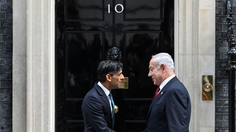 Rishi Sunak welcomes Israeli Prime Minister Benjamin Netanyahu at Downing Street