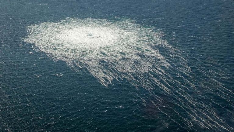 Gas bubbles from the Nord Stream 2 pipeline on 27 September. Pic: Danish Defence Command/Reuters