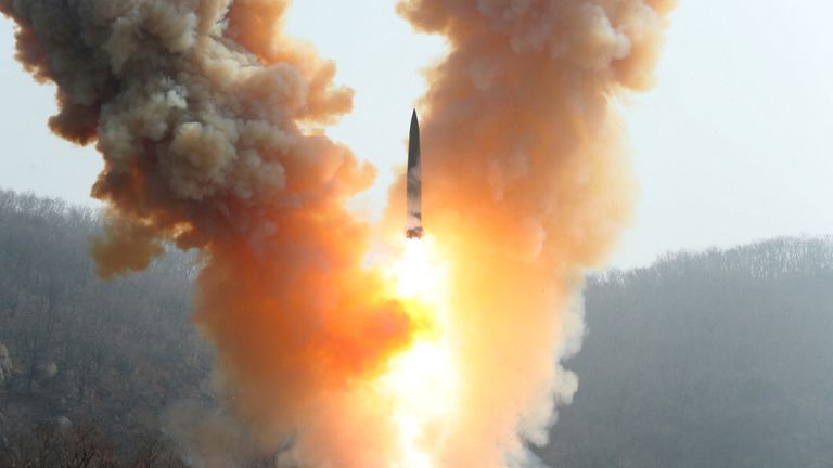 A view shows a missile fired by the North Korean military at an undisclosed location in this image released by North Korea&#39;s Central News Agency (KCNA) on March 20, 2023. KCNA via REUTERS ATTENTION EDITORS - THIS IMAGE WAS PROVIDED BY A THIRD PARTY. REUTERS IS UNABLE TO INDEPENDENTLY VERIFY THIS IMAGE. NO THIRD PARTY SALES. SOUTH KOREA OUT. NO COMMERCIAL OR EDITORIAL SALES IN SOUTH KOREA. TPX IMAGES OF THE DAY