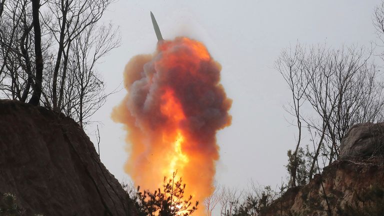 This photo provided by the North Korean government shows what it says is a ballistic missile in North Pyongan Province, North Korea, on March 19, 2023. Pic: AP