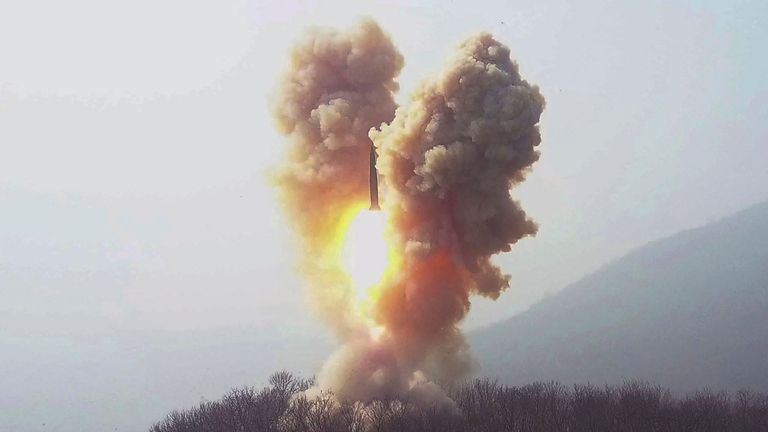 This photo provided by the North Korean government shows what it says is a ballistic missile in North Pyongan Province, North Korea, on March 19, 2023. Pic: AP