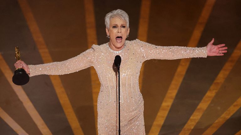 Jamie Lee Curtis wins the Oscar for Best Supporting Actress for "Everything Everywhere All at Once" during the Oscars show at the 95th Academy Awards in Hollywood, Los Angeles, California, U.S., March 12, 2023. REUTERS/Carlos Barria TPX IMAGES OF THE DAY
