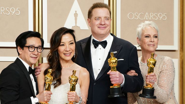 Ke Huy Quan, from left, Michelle Yeoh, Brendan Fraser and Jamie Lee Curtis airs  with their awards successful  the property   country   astatine  the Oscars connected  Sunday, March 12, 2023, astatine  the Dolby Theatre successful  Los Angeles. Brendan Fraser, 3rd  from left, won champion  show  by an histrion  successful  a starring  relation   for "The Whale." Ke Huy Quan, from left, Michelle Yeoh and Jamie Lee Curtis each  won for their starring  and supporting roles successful  "Everything Everywhere All astatine  Once." (Photo by Jordan Strauss/Invision/AP)