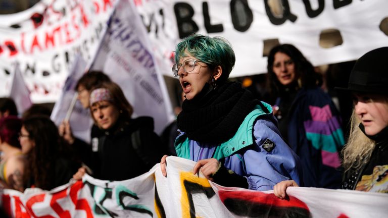 Students shout slogans during a demonstration against the government&#39;s plan to raise the retirement age to 64, in Paris. Pic: AP