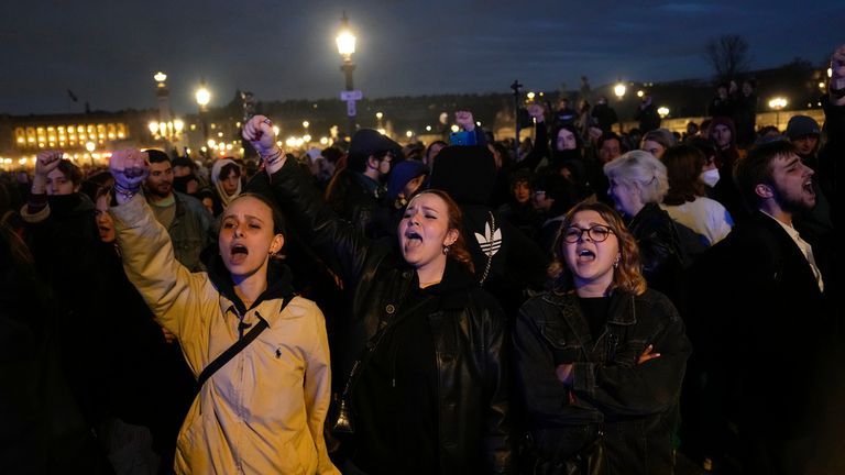 Demonstrators stage a protest in Paris, Friday, March 17, 2023. Pic: AP
