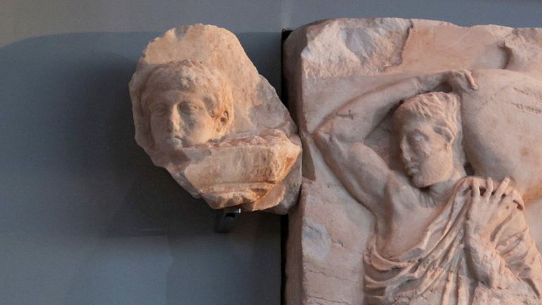 One of three Parthenon fragments, returned from the Vatican, is seen at the Parthenon Gallery of the Acropolis Museum, in Athens, Greece March 24, 2023. REUTERS/Louiza Vradi