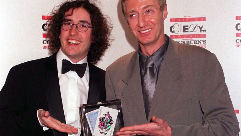 Comedians Steve Coogan and Paul O&#39;Grady (aka Lily Savage) pose for the media during last night&#39;s (Saturday) British Comedy Awards. O&#39;Grady won Best Entertainment Award for An Evening with Lily Savage. Photo by Rebecca Naden/PA. see PA story SHOWBIZ Awards