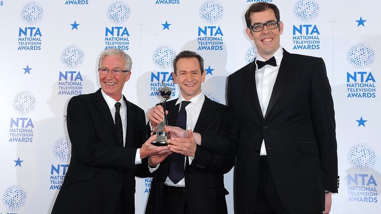 Paul O&#39;Grady with his award for Best Factual Entertainment for &#39;For The Love Of Dogs&#39;, in the press room with presenters Alexander Armstrong (centre) and Richard Osman (right) at the 2013 National Television Awards at the O2 Arena, London.