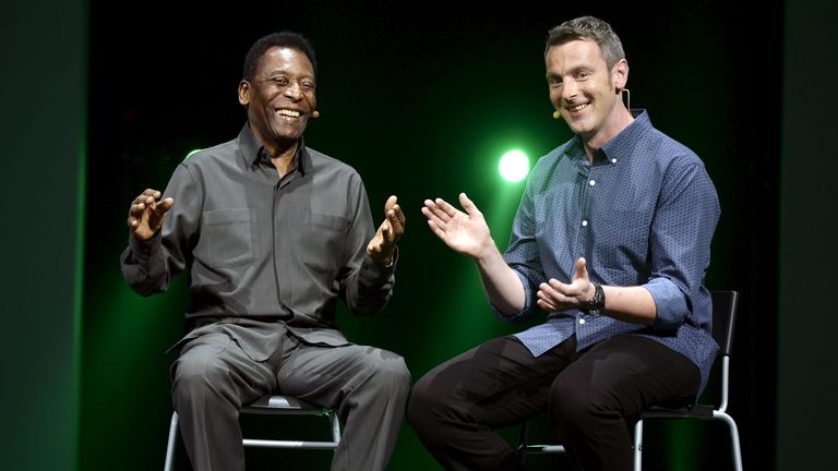 Legendary Brazilian soccer player Pele (L) is introduced by David Rutter, vice president and general manager of EA Sports FIFA, before introducing the video game "FIFA 16" during Electronic Arts media briefing before the opening day of the Electronic Entertainment Expo, or E3, at the Shrine Auditorium in Los Angeles, California June 15, 2015. REUTERS/Kevork Djansezian