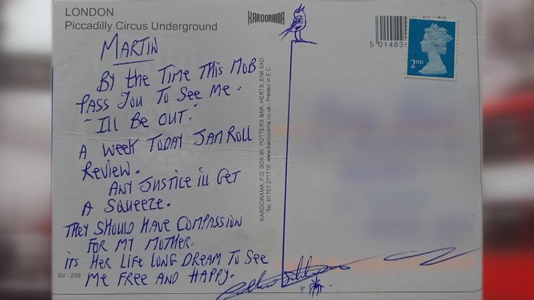 Bronson sent Sky News a postcard from his prison cell