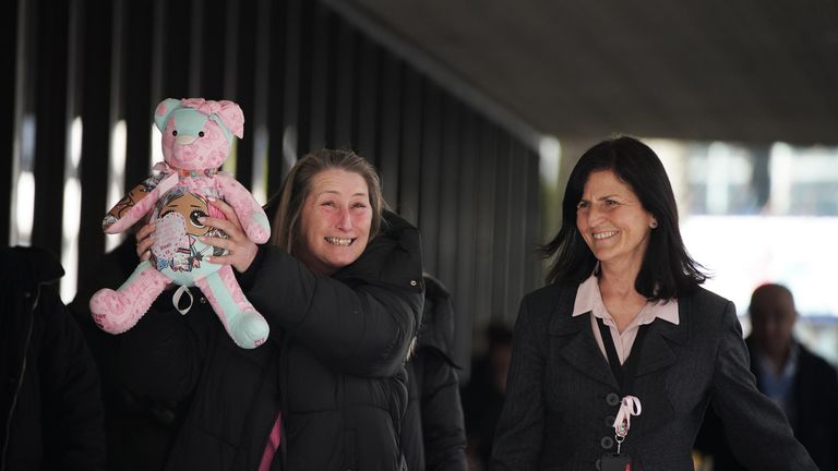 Cheryl Korbel (left), mother of nine-year-old Olivia Pratt-Korbel holding a teddy bear outside Manchester Crown Court after Thomas Cashman was found guilty of murdering her daughter at her family home in Dovecot, Liverpool, on August 22 last year. The jury at Manchester Crown Court found Cashman guilty of the murder of Olivia, the attempted murder of convicted drug dealer Joseph Nee, the intended target, wounding with intent to do grievous bodily harm to Olivia&#39;s mother Cheryl Korbel, and two co