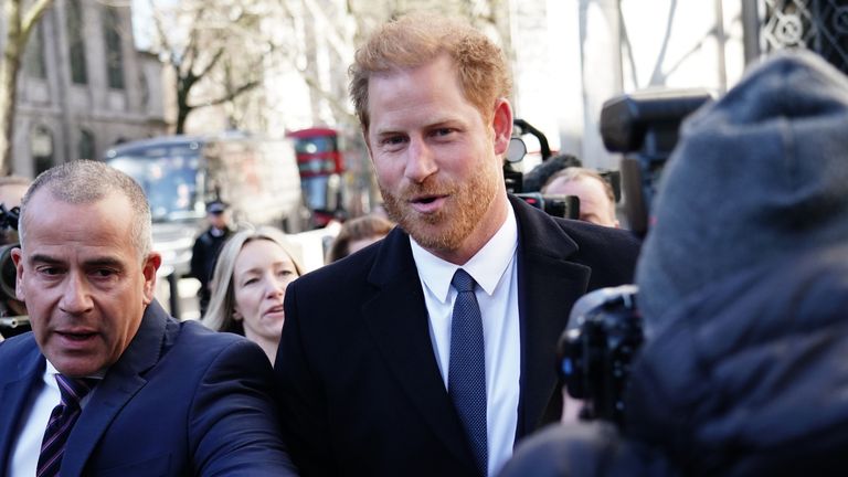 The Duke of Sussex (centre) arrives at the Royal Courts Of Justice, central London, ahead of a hearing claim over allegations of unlawful information gathering brought against Associated Newspapers Limited (ANL) by seven people - the Duke of Sussex, Baroness Doreen Lawrence, Sir Elton John, David Furnish, Liz Hurley, Sadie Frost and Sir Simon Hughes. Picture date: Monday March 27, 2023.