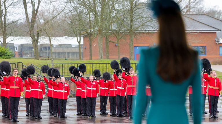 The Princess of Wales takes the salute as the new Colonel of the Irish Guards, during a visit to the 1st Battalion Irish Guards for the St Patrick&#39;s Day Parade, at Mons Barracks in Aldershot. Picture date: Friday March 17, 2023.