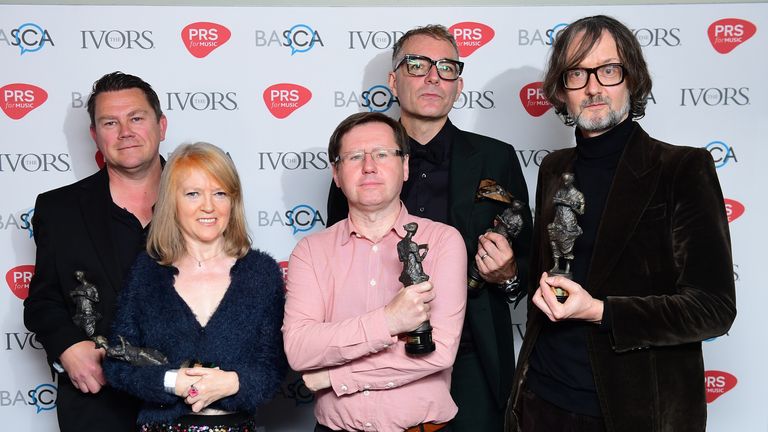 (left-right) Nick Banks, Candida Doyle, Mark Webber, Steve Mackey and Jarvis Cocker of Pulp, with the award for Outstanding Song Collection during the 62nd Annual Ivor Novello Music Awards at Grosvenor House in London.