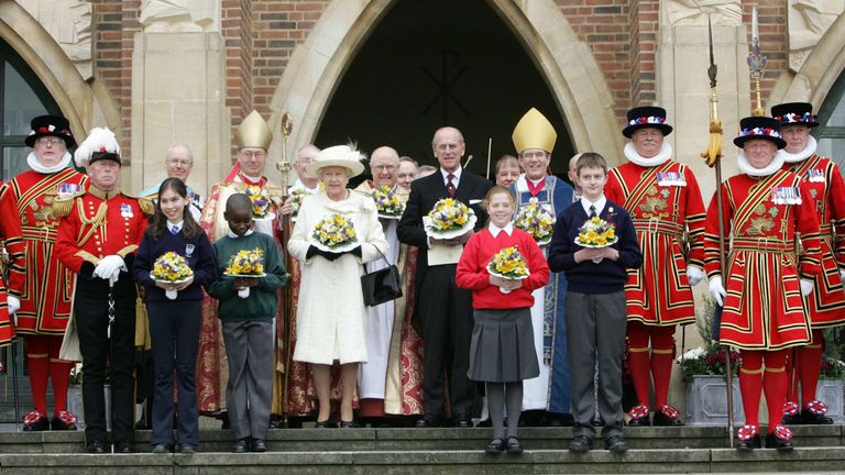 Britiain&#39;s Queen Elizabeth II accompanied by HRH the Duke of Edingburgh at the annual Maundy Thursday April 13, 2006 Service at Guildford Cathedral, Surrey. 