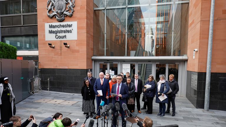 Richard Scorer, principal lawyer of law firm Slater and Gordon, reads out a statement representing 11 victims&#39; families, outside Manchester Magistrates&#39; Court, on the day the Manchester Arena Inquiry report is released, in Manchester, Britain, March 2, 2023. REUTERS/Jason Cairnduff
