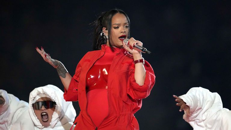 Feb 12, 2023; Glendale, Arizona, USA; Recording artist Rihanna performs during halftime of Super Bowl 57 at State Farm Stadium. Mandatory Credit: Kirby Lee-USA TODAY Sports
