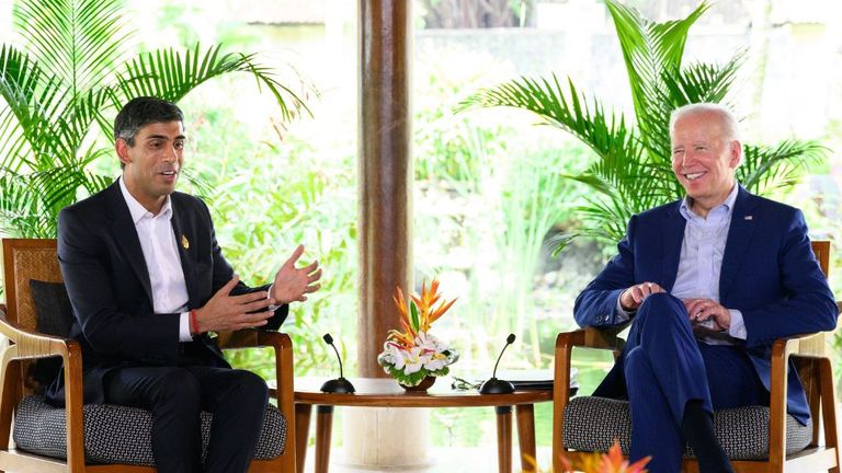 Prime Minister Rishi Sunak (left) speaks with US President Joe Biden during a bilateral meeting at the G20 summit in Nusa Dua, Bali, Indonesia. Picture date: Wednesday November 16, 2022.