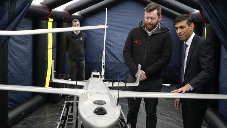 Rishi Sunak was shown a drone used for surveillance of vessels in distress during a visit to the Home Office control centre in Dover