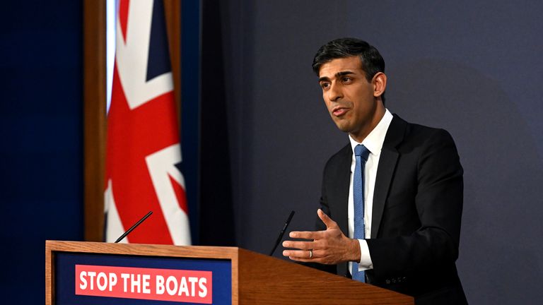 Prime Minister Rishi Sunak during a press conference in Downing Street, London, after the Government unveiled plans for new laws to curb Channel crossings as part of the Illegal Migration Bill. New legislation will be introduced which means asylum seekers will be detained and "swiftly removed" if they arrive in the UK through unauthorised means. Almost 3,000 migrants have made unauthorised crossings of the English Channel already this year. Picture date: Tuesday March 7, 2023.